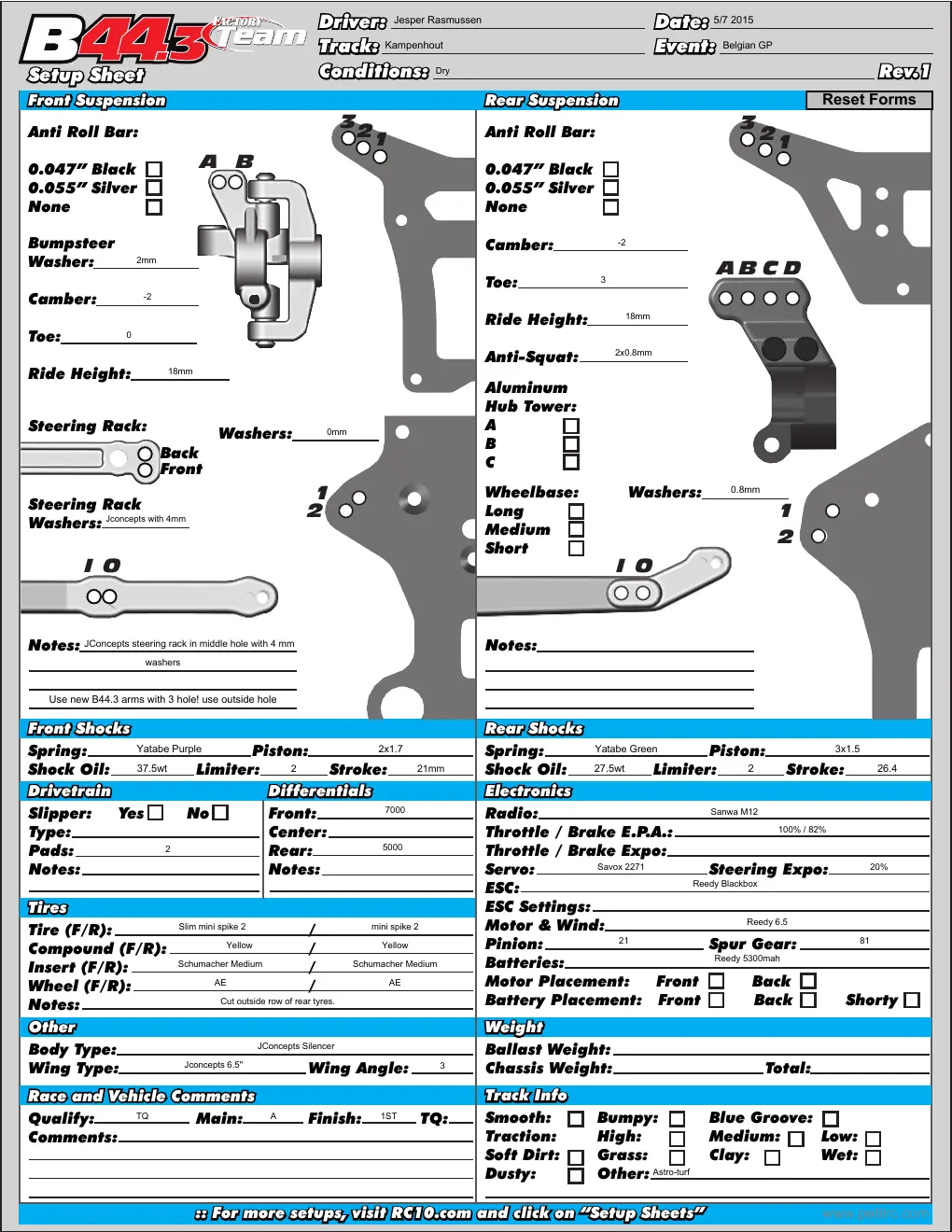 Setup Sheet