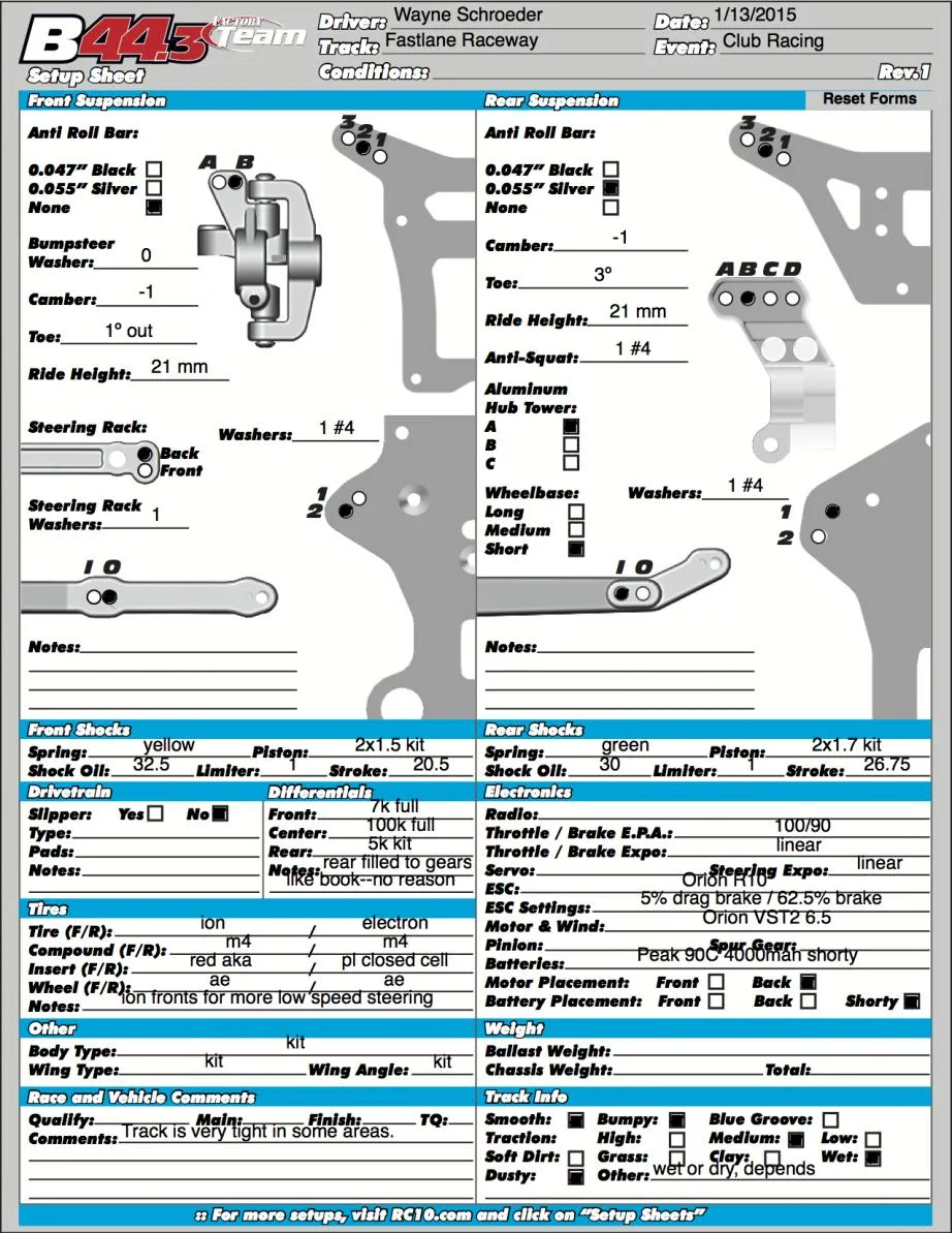 Setup Sheet
