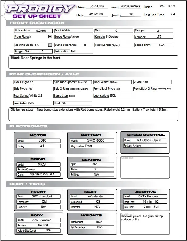 Setup Sheet